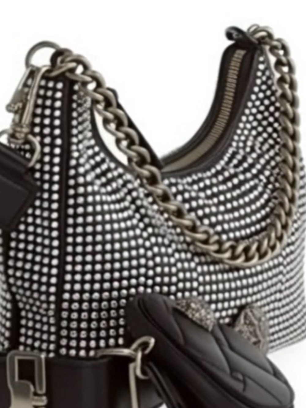 Black Rhinestone Studded Crossbody Bag with Metallic Accent